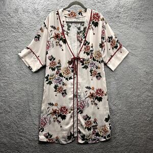 Haute Monde Women's Small Floral Long Kimono 3/4 Sleeves Silky Front Tie Lounge